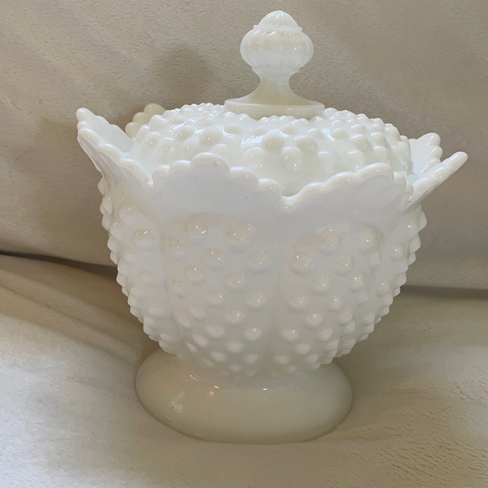 Vintage Fenton Hobnail Milk glass jar with lid.